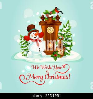 Christmas Day holiday poster with snowman, clock and candle lantern, adorned by holly and fir tree branches. Snowman is celebrating Christmas in a sno Stock Vector