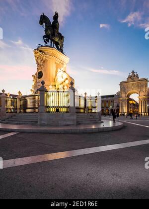 Place of Commerce, Praca do Comercio, Arc de Triomphe Arco da Rua Augusta, equestrian statue of King Jose I, Baixa, Lisbon, Portugal Stock Photo