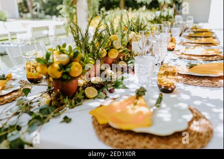 Long table served with glassware and plates and decorated with lemon compositions with plants Stock Photo