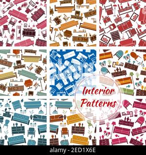Interior furniture and home objects patterns set. Color interior elements decoration seamless background. Vector retro and classic household objects o Stock Vector