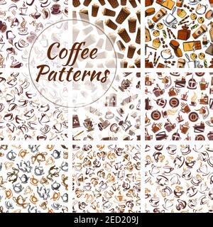 Coffee beans, cups, mills patterns set. Vector seamless pattern of retro coffee mill, hot coffee cup elements on white background for cafe, cafeteria, Stock Vector