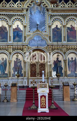 Russian Orthodox Uspenski Cathedral, interior, chancel with iconostasis, altar table, sacral art, Helsinki, Finland Stock Photo