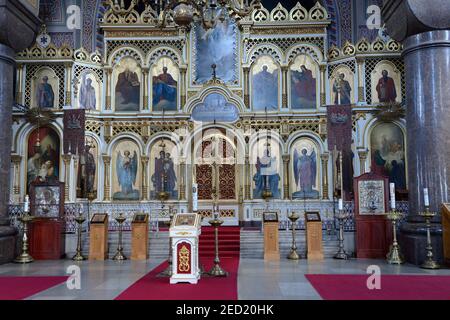 Russian Orthodox Uspenski Cathedral, interior, chancel with iconostasis, altar table, sacral art, Helsinki, Finland Stock Photo