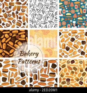 Bakery bread and sweet desserts seamless patterns set. Vector sketch bread loaf, bagels, croissants, pretzel, sweet buns, muffin, cupcakes, pies for p Stock Vector