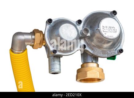 Type B NG residential direct-action, spring-loaded regulator for gas with high performance and reinforced safety features isolated on white background Stock Photo