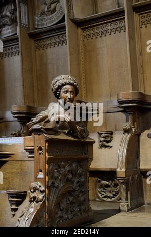 Church pews in the choir of Ulm Cathedral, Choir Stalls, Hellespontische Sybille, Ulm, Baden-Wuerttemberg, Germany Stock Photo