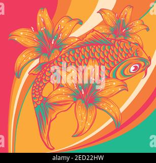 koi fish with flower colored background vector Stock Vector