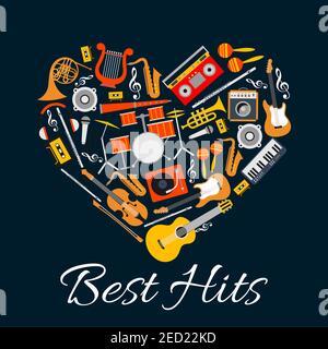 Music emblem. Musical instruments in heart shape. Vector music label with pattern of string, wind, electric music instruments. Best Hits disc cover, c Stock Vector
