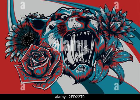 vector illustration of roaring tiger head and flowers Stock Vector