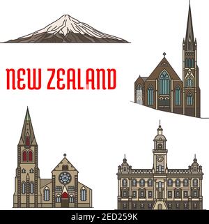 New Zealand tourist attractions and landmarks. Mount Taranaki, Knox Church, Dunedin Town Hall, Christchurch. Historic famous buildings vector detailed Stock Vector