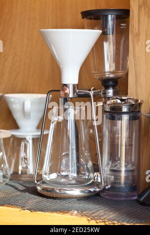 manual coffee brewing devices - pour over, gina, american press and siphon, nobody Stock Photo