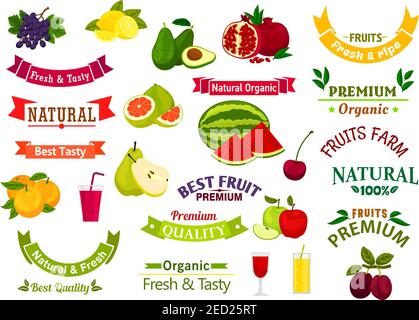 Fresh fruit emblems, ribbons, labels for juice, jam product sticker design. Premium exotic tropical, garden and farm fruits, berries for vegan drinks Stock Vector