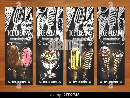 Ice cream menu card sketch chalk icons on blackboard. Price tags for ice cream assortment. Chalked elements of ice cream scoops in glass bowl, chocola Stock Vector