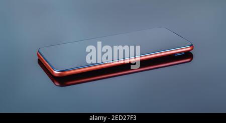 Abstract unbranded smartphone on dark gray table with reflection. Close up with selective focus Stock Photo