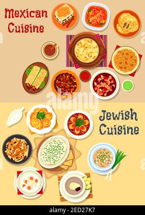 Mexican and jewish cuisine icon with vegetable chili, cheese, bean beef stew, fish, forshmak, bean burrito, fish soup, cutlet, chicken salad, stuffed Stock Vector