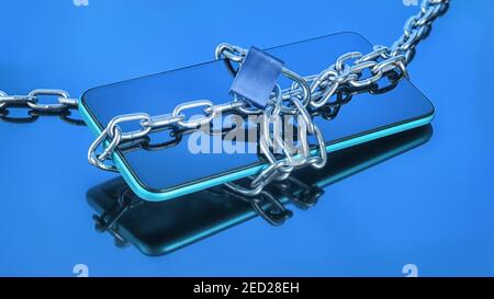 Smart phone in chain with lock on blue background with selective focus and reflection. Security, data protection, censure and software lock theme Stock Photo