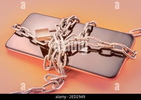 Smart phone in chain with lock on orange background with selective focus. Security, data protection, censure and software lock theme Stock Photo
