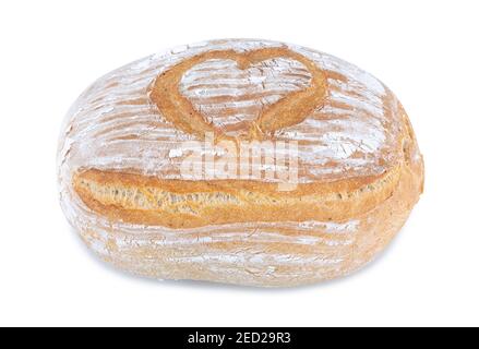 Homemade sourdough bread isolated on white background with clipping (vector) path. Fresh rye bread with heart cut. Pumpernickel bread. Brown organic r Stock Photo