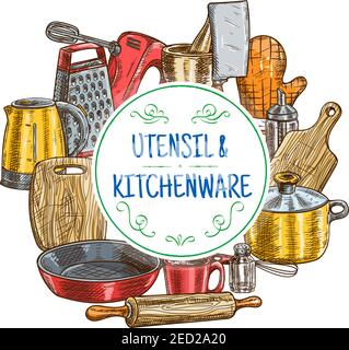Kitchen utensils sketch. Vector icons of kitchenware appliances kettle, cutting board, glove, saucepan and frying pan, rolling-pin, cup and whisk, mix Stock Vector