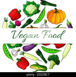Vegan food emblem with round shape of vegetables. Fresh farm pumpkin, peas, eggplant, corn, pepper, broccoli, daikon radish, asparagus. Vegetarian raw Stock Vector