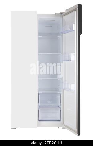 Major appliance - Front view white One open door two-door side by side refrigerator fridge on a white background. Isolated Stock Photo