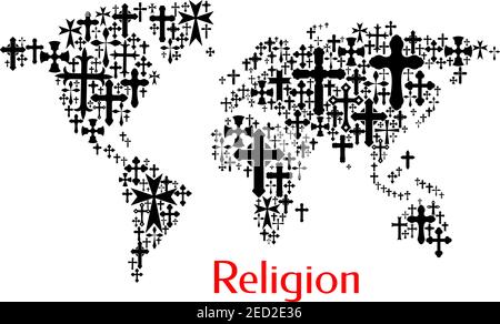 World map design of crucifix cross pattern. Religion conceptual decoration background of vector icons of crucifixion. Christianity orthodox, catholic Stock Vector