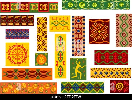 African tribal ornaments set of ethnic patterns with geometric and floral motif, hunting scene and abstract decorative elements Stock Vector