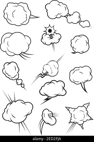 Cartoon cloud icons in comic book style. Isolated cumulus outline clouds. Vector elements of smoke puff, steam vapor, fume clap, explosion pierce, thu Stock Vector