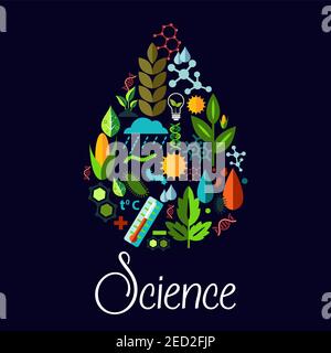 Science vector emblem in shape of water drop. Pattern of nature plants, trees, natural life sources, phenomena, generic vegetation symbols. Vector fla Stock Vector