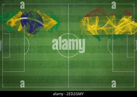 Brazil vs Bolivia Soccer Match, national colors, national flags, soccer field, football game, Competition concept, Copy space Stock Photo