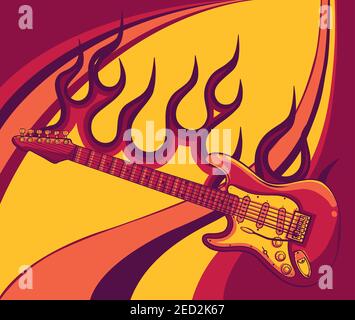Electric guitar on fire in full color and flames vector illustration Stock Vector
