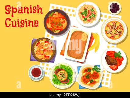 Spanish seafood and meat dishes icon with sausage soup, seafood paella, rice with gammon, beef schnitzel with salmon, chicken in sherry sauce, tuna po Stock Vector