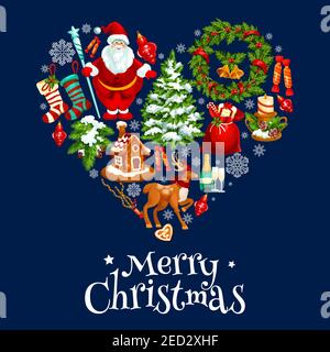 Heart shaped Christmas holiday poster with gift box, Santa Claus, xmas tree, holly berry wreath, candy, bell, candle, stocking sock, bauble ball, ging Stock Vector