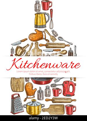 Kitchenware sign. Vecttor symbol of kitchen and cooking utensils in shape of cutting board with electric kettle, saucepan, frying pan, cooking glove, Stock Vector