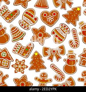 Christmas festive ginger cookie seamless pattern of gingerbread man, house and xmas tree, candy cane, snowman and bell, star, snowflake and bow, stock Stock Vector