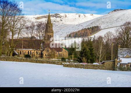 Edale village church in winter, Peak District National Park, UK, Stock Photo