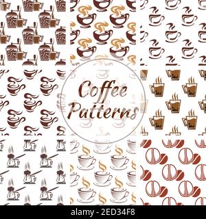Coffee pattern of vector coffee bean, cup, coffee mill, moka, cappuccino, coffee maker icon. Coffee seamless pattern background for cafe, cafeteria Stock Vector