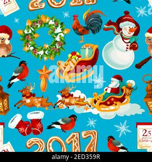 Christmas winter holidays seamless pattern with gift, Santa, snowman, star, xmas tree wreath with ball, gingerbread number and snowflake, santa glove, Stock Vector