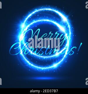 Blue shining circle of Christmas light, star, glowing sparkle and glitter. Xmas Day greeting card and New Year winter holidays theme design Stock Vector