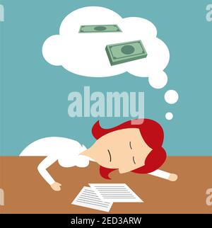 Office manager sleeping on table and dreaming of money. Business metaphor with woman tired of office, overwork to earn much money in dreams. Lazy stud Stock Vector