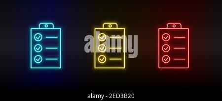 Neon icon set checklist, tasks. Set of red, blue, yellow neon vector icon Stock Vector