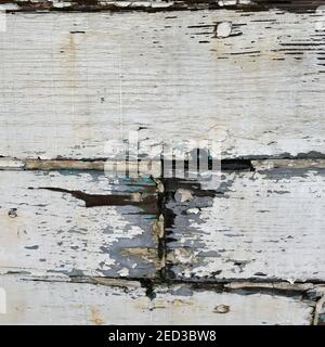 White wooden boards with peeled, flaked paint and general weather damage. Close up showing detail. Stock Photo