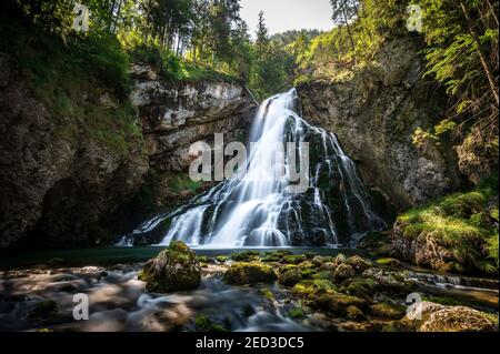 The Gollinger waterfall in Golling an der Salzach south of Salzburg with long exposure Stock Photo