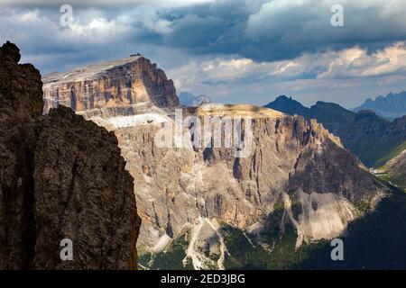 Sunlight on Sella mountain group. Piz Ciavazes, Sas Pordoi peaks. The Gardena Dolomites. Italian Alps. Europe. Stock Photo