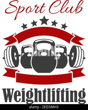 Weightlifting club sign. Vector badge for weightlifter, fitness, crossfit sport gym. Weight dumbbell, iron barbell, ribbon, star Stock Vector
