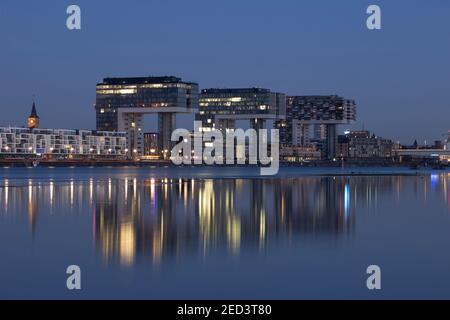 Cologne, NRW, Germany, 02 12 2021, crane houses of Cologne at dawn, high water of Rhine river Stock Photo