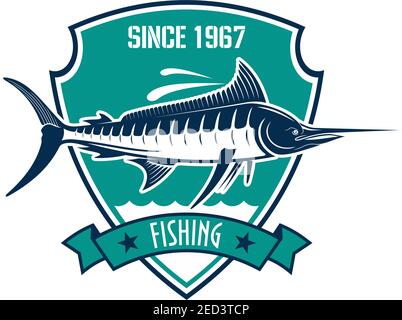 Fishing sport heraldic badge. Blue marlin fish with water waves on triangle shield with ribbon banner and star. Fishing sporting club or tournament de Stock Vector