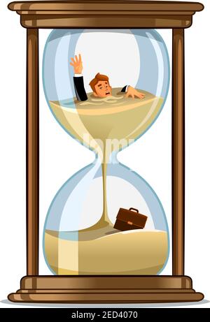 Businessman be trapped in hourglass and sinking in sand. Expired deadline, business time management, time is running out themes design Stock Vector