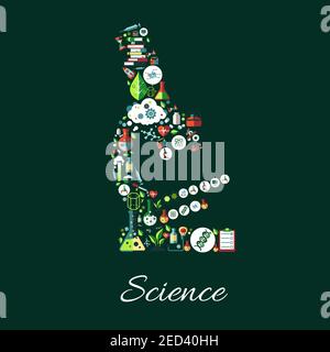 Science poster. Microscope symbol of astronomy, chemistry, physics, medicine, mathematics science icons. Scientific conceptual sign of science icons r Stock Vector