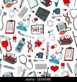 Medical seamless pattern. Medicine background of vector medical symbols microscope, heart and blood, dna and x-ray, pill and drug, medicine items and Stock Vector